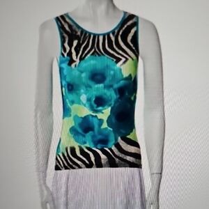 Roberto Cavalli Teal and Lime Floral Zebra Print Tank Top